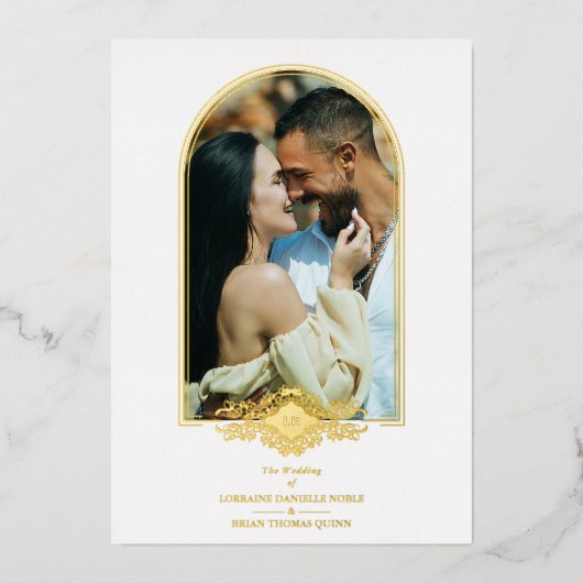 結婚の金ファンシーのアーチ効果写真 箔招待状 (正面)
