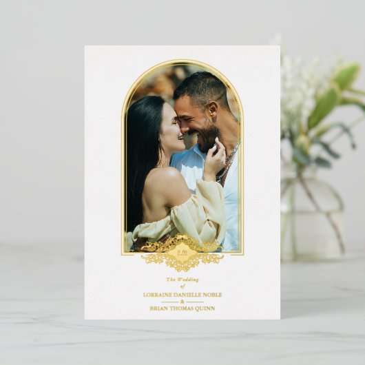 結婚の金ファンシーのアーチ効果写真 箔招待状 (立ち正面)