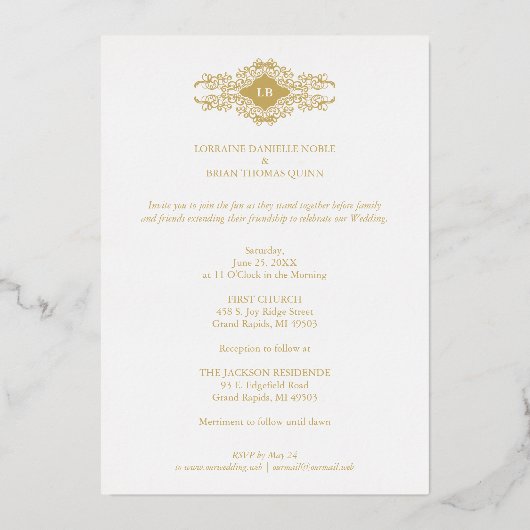 結婚の金ファンシーのアーチ効果写真 箔招待状 (裏面)