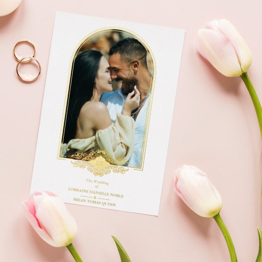 結婚の金ファンシーのアーチ効果写真 箔招待状