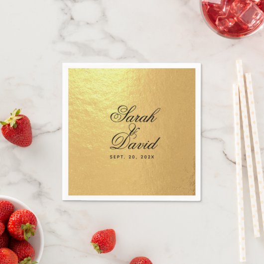 結婚の金フェイク箔ブラックエレガントスクリプトナプキン スタンダードカクテルナプキン (インサイチュ)