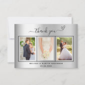 結婚の銀色の写真ハートシンプル脚本エレガント サンキューカード (正面)
