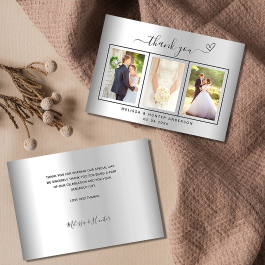 結婚の銀色の写真ハートシンプル脚本エレガント サンキューカード