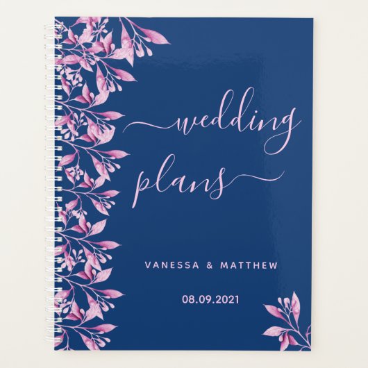 結婚の青いピンクの秋花模様トレンディースクリプト プランナー手帳 (正面)
