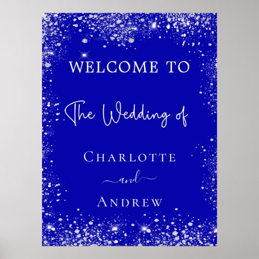 結婚の青王室の銀グリッター歓迎 ポスター (正面)