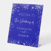 結婚の青王室の銀グリッター歓迎 台座サイン (正面)
