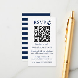 結婚の青航海のいかりQR RSVP ストライプの エンクロージャーカード