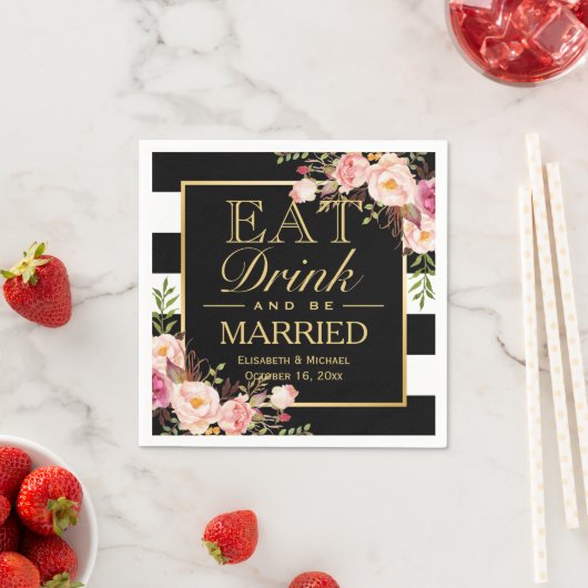 結婚の食べ飲み物とBeフローラ金ゴールド結婚したフレーム スタンダードカクテルナプキン (インサイチュ)