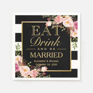 結婚の食べ飲み物とBeフローラ金ゴールド結婚したフレーム スタンダードカクテルナプキン