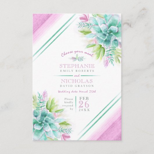 結婚の食事の選択は多肉質のピンク結婚グリーン エンクロージャーカード (正面)