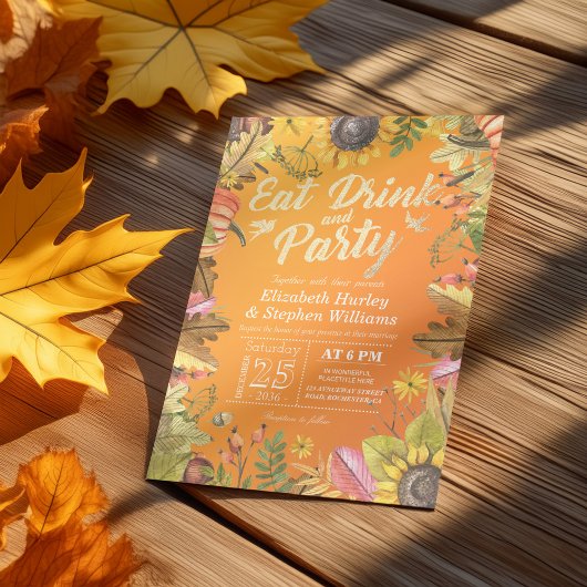 結婚の飲み物と食べパーティーメープル葉パンプキンス 招待状
