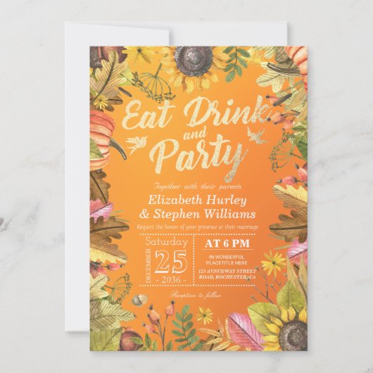 結婚の飲み物と食べパーティーメープル葉パンプキンス 招待状 (正面)