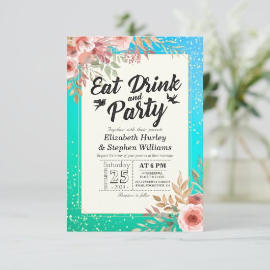 結婚の飲食べみ物とパーティーのフローラティール(緑がかった色)金ゴールドドット 招待状 (スタンド正面)