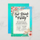 結婚の飲食べみ物とパーティーのフローラティール(緑がかった色)金ゴールドドット 招待状 (正面/裏面)