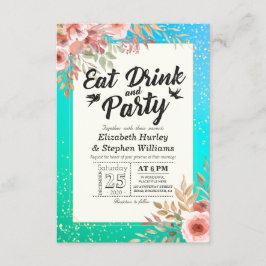 結婚の飲食べみ物とパーティーのフローラティール（緑がかった色）金ゴールドドット 招待状