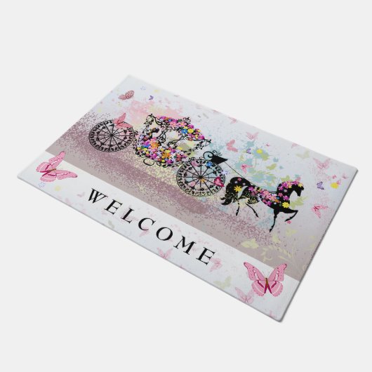 結婚の馬と馬車の花と蝶 ドアマット (アングル)