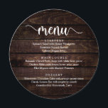 結婚の駆け落ちディナーモダン素朴コテージ メニュー<br><div class="desc">モダン素朴コテージダークブラウンの木材、ラウンドプレートの形結婚状、のエロペメントのディナー。あなたの大きな一日のための完璧なメニュー。スクリプトフォントの色を変更したり、メニューの内容やフォントを変更してニーズに合わせることができます。</div>