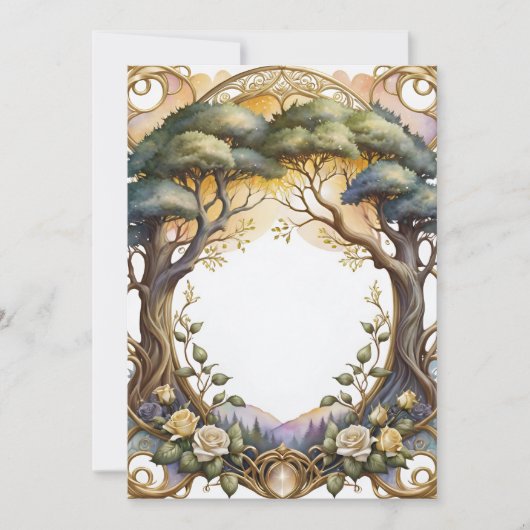 結婚の骨組み金ゴールドと花魔法 招待状 (正面)