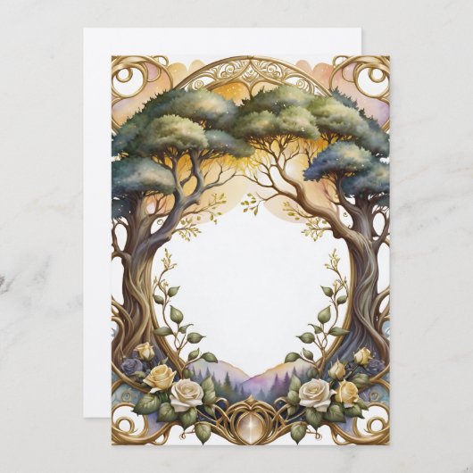 結婚の骨組み金ゴールドと花魔法 招待状 (正面/裏面)