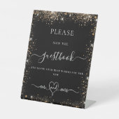 結婚の黒い金ゴールドグリッターゲストブックサイン 台座サイン (正面)