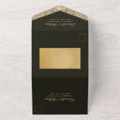 結婚の黒の金ゴールドエレガントヴィンテージフローラスクリプト オールインワン招待状 (外側)