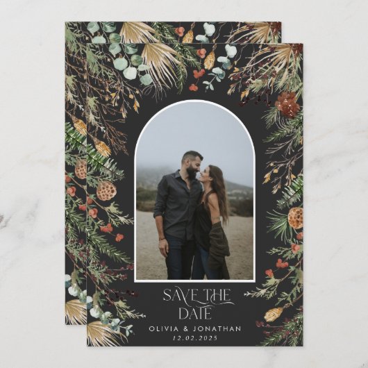 結婚の1フォトアーチ水彩植物色フローラ セーブザデート (正面/裏面)