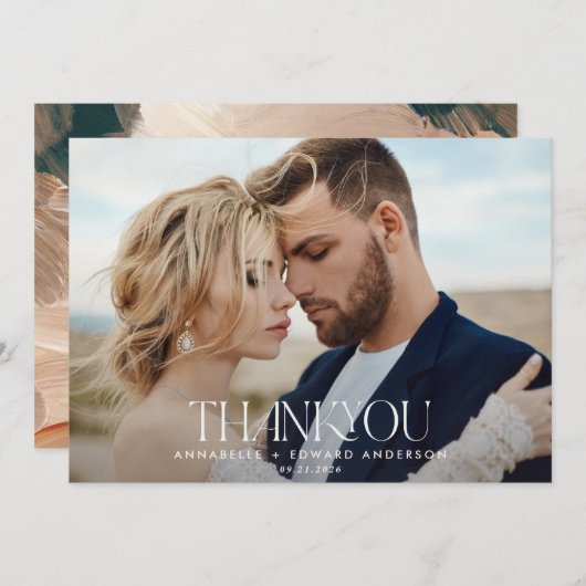 結婚の1枚の写感謝してい真はテラコッタのティール(緑がかった色)絵を描 サンキューカード (正面/裏面)