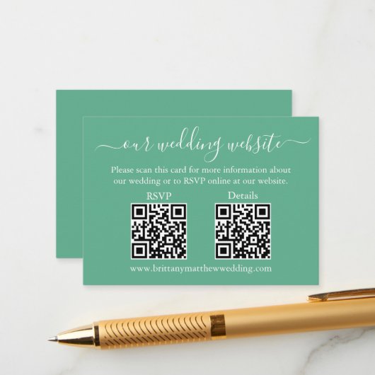 結婚の2 QR RSVP詳細ネオミントグリーン エンクロージャーカード (正面/裏面インサイチュ)
