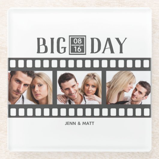 結婚の3枚の写真を追加おもしろいフィルムコースター ガラスコースター (正面)