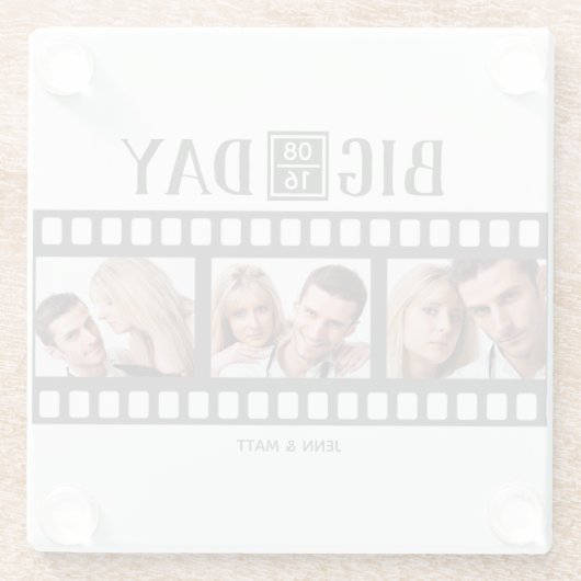 結婚の3枚の写真を追加おもしろいフィルムコースター ガラスコースター (裏面)