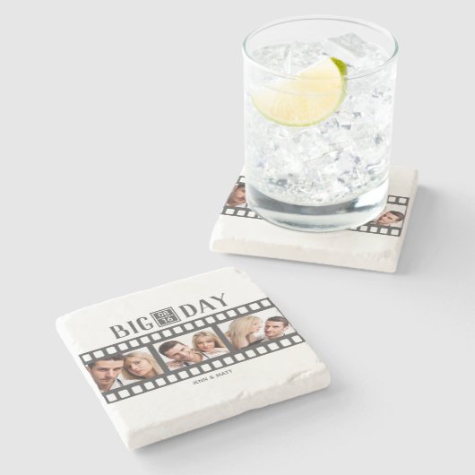 結婚の3枚の写真を追加おもしろいフィルムコースター ストーンコースター (横)