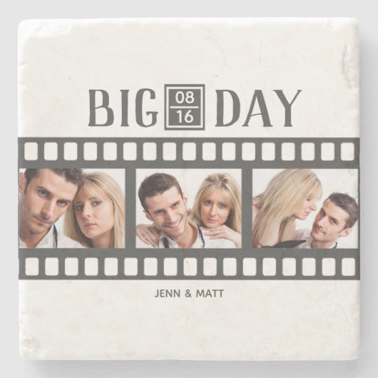 結婚の3枚の写真を追加おもしろいフィルムコースター ストーンコースター (正面)