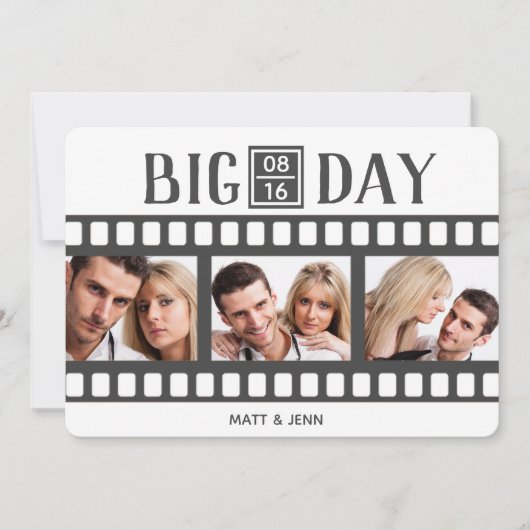 結婚の3枚の写真を追加おもしろいフィルム日付カードを保存 セーブザデート (正面)