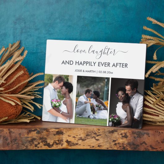 結婚の3枚の写真コラージュと愛の笑い引用文 フォトプラーク (側面)