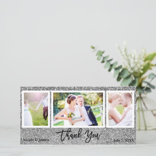 結婚の3枚フォト写真シルバーグリッターありがとう サンキューカード (スタンド正面)