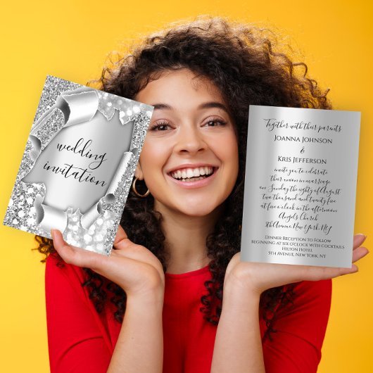 結婚の3Dエフェクトグレエレガントーシルバーグリッター 招待状