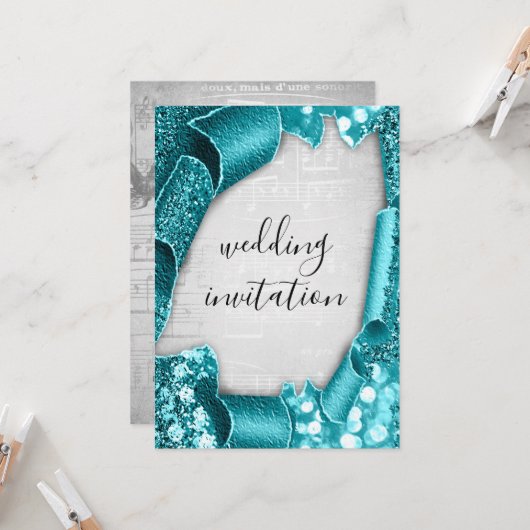 結婚の3Dエフェクトシルバーグレーティール（緑がかった色）音楽 招待状 (正面/裏面インサイチュ)