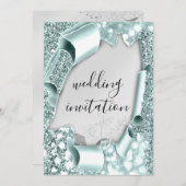 結婚の3Dエフェクトフレーム花模様シルバーアクアミント 招待状 (正面/裏面)