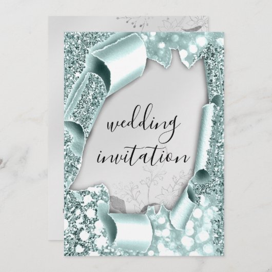 結婚の3Dエフェクトフレーム花模様シルバーアクアミント 招待状 (正面/裏面)