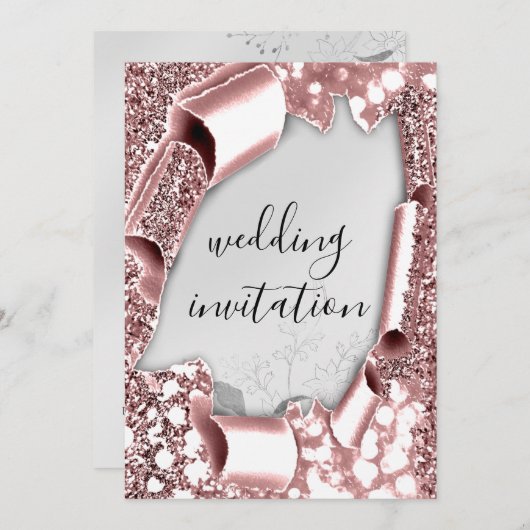 結婚の3Dエフェクトフレーム花模様シルバーバラ赤面 招待状 (正面/裏面)