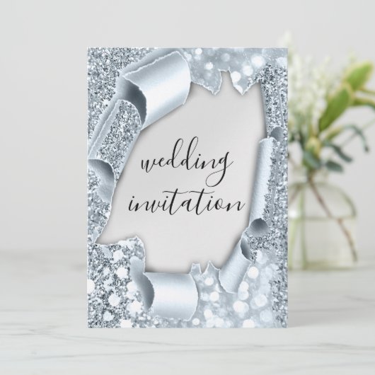 結婚の3Dカート効果シルバエレガントグリッターブルー 招待状 (スタンド正面)