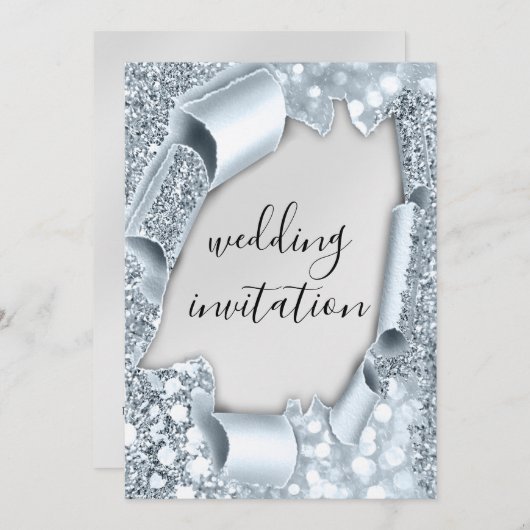 結婚の3Dカート効果シルバエレガントグリッターブルー 招待状 (正面/裏面)