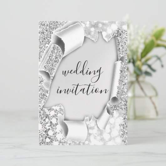 結婚の3Dカート効果シルバーエレガントグリッター 招待状 (スタンド正面)