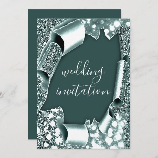結婚の3Dカート効果フレームスモークティール(緑がかった色)ブルー 招待状 (正面/裏面)