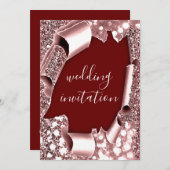 結婚の3Dカート効果フレームバラBurgundy 招待状 (正面/裏面)