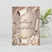 結婚の3Dカート効果フレーム花模様バラ金ゴールド 招待状 (スタンド正面)