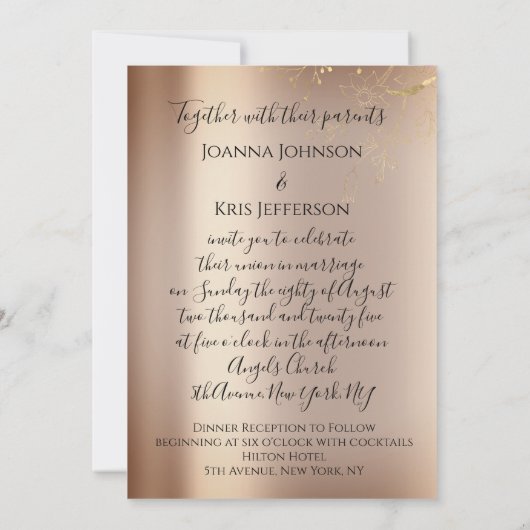 結婚の3Dカート効果フレーム花模様バラ金ゴールド 招待状 (裏面)