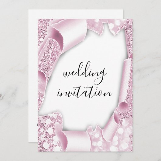 結婚の3Dカート効果ホワイトピンクグリッター枠 招待状 (正面/裏面)