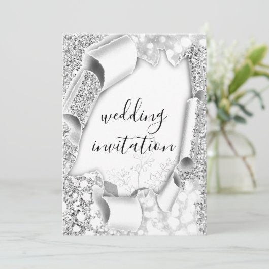 結婚の3Dカート効果ホワイトフレーム花模様シルバー 招待状 (スタンド正面)