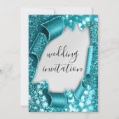 結婚の3Dカート効果銀エレガントティール（緑がかった色）グリッター 招待状 (正面)